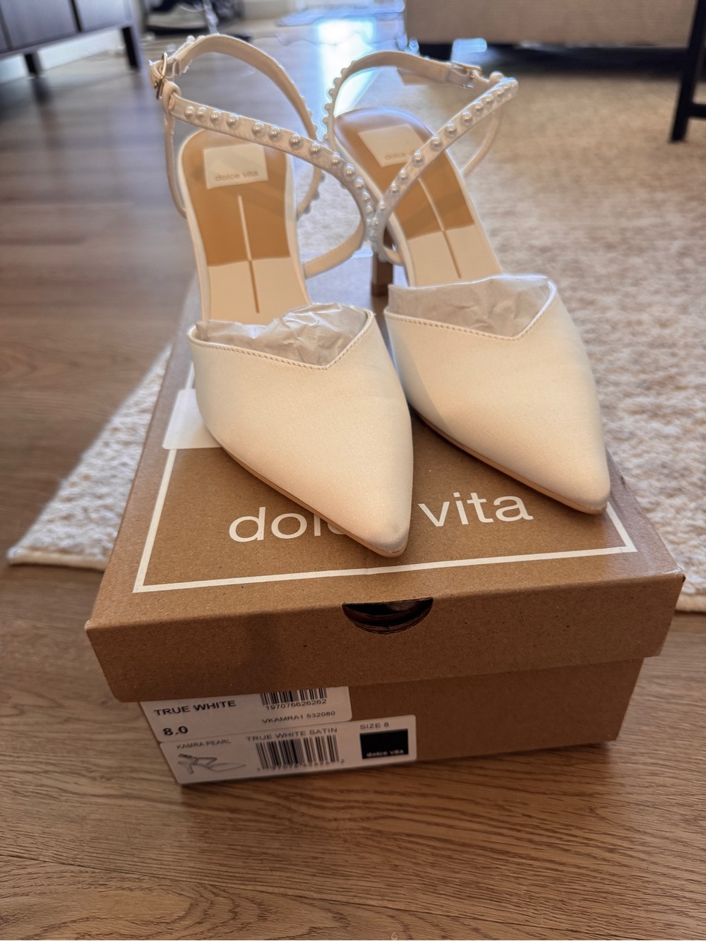 Dolce Vita White Pointed Pearl-Strap Heels
